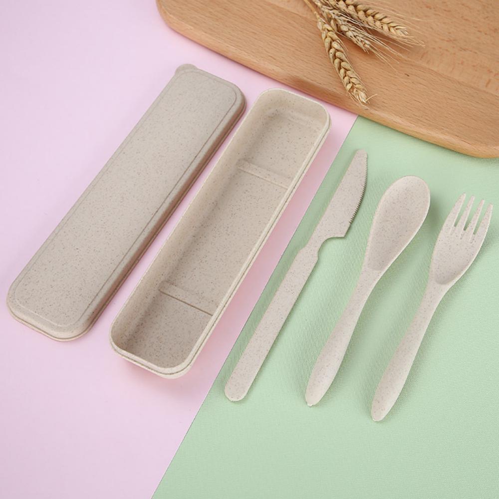 8PCS Wheat Straw Dinner Tableware Box Plastic Knife Fork Spoon Set Kids Accessories Wholesale