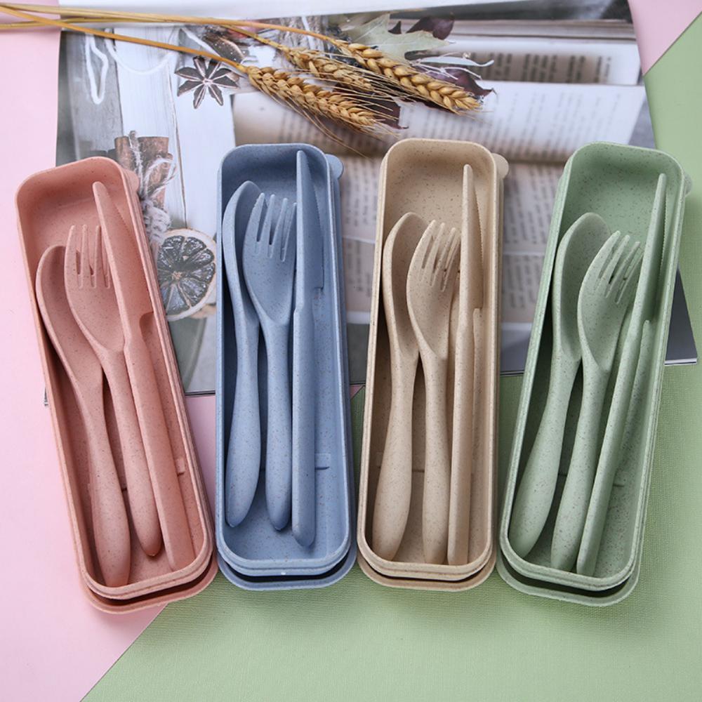 8PCS Wheat Straw Dinner Tableware Box Plastic Knife Fork Spoon Set Kids Accessories Wholesale