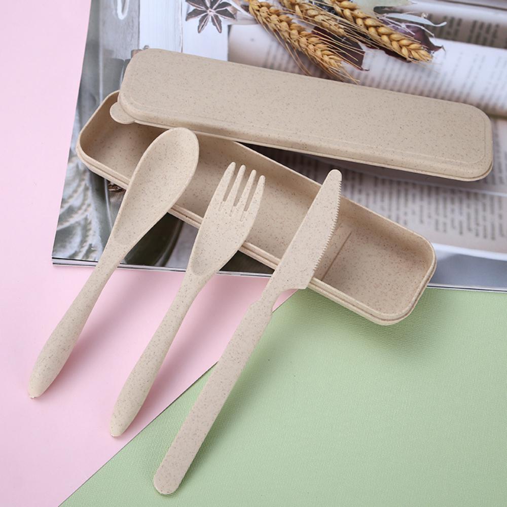 8PCS Wheat Straw Dinner Tableware Box Plastic Knife Fork Spoon Set Kids Accessories Wholesale