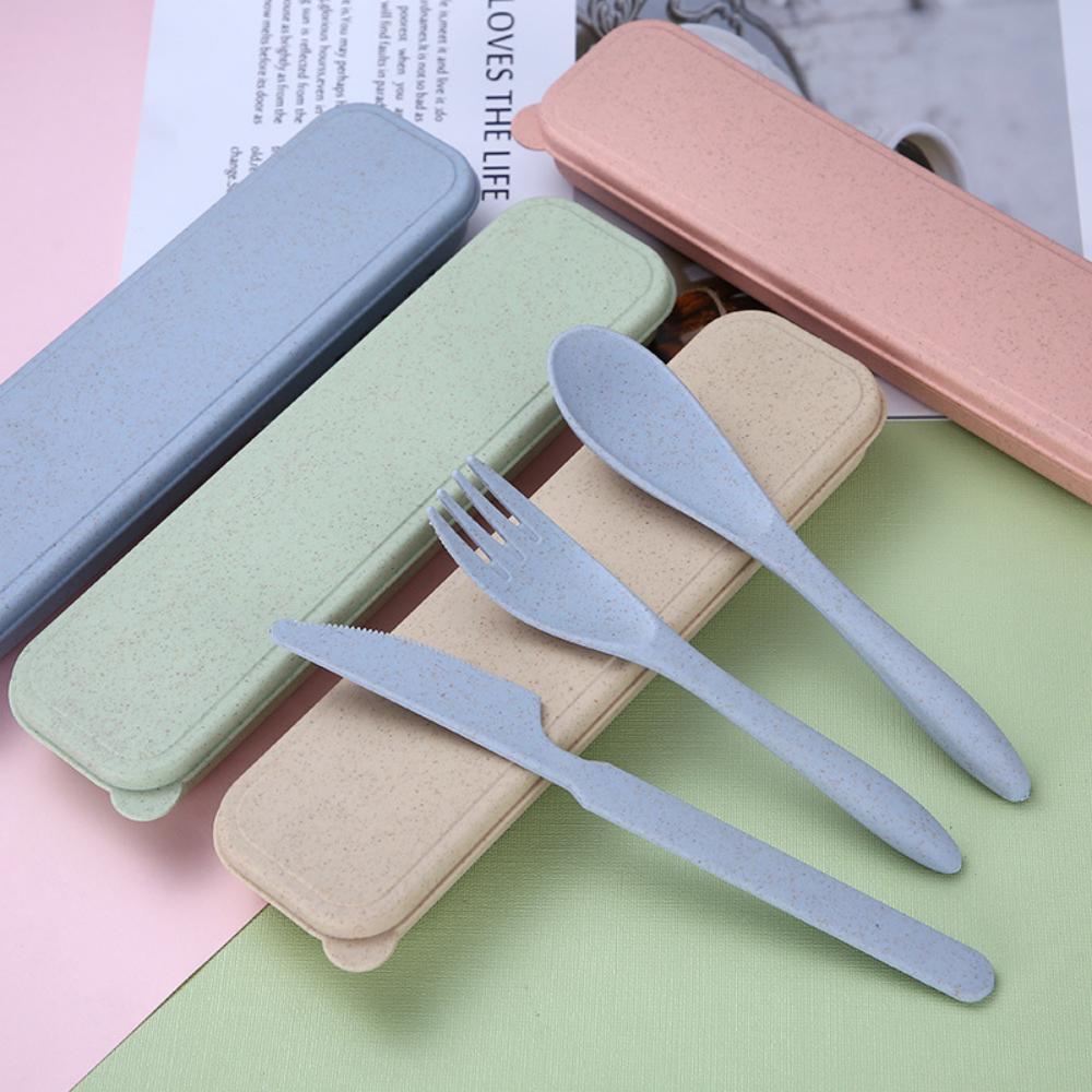 8PCS Wheat Straw Dinner Tableware Box Plastic Knife Fork Spoon Set Kids Accessories Wholesale