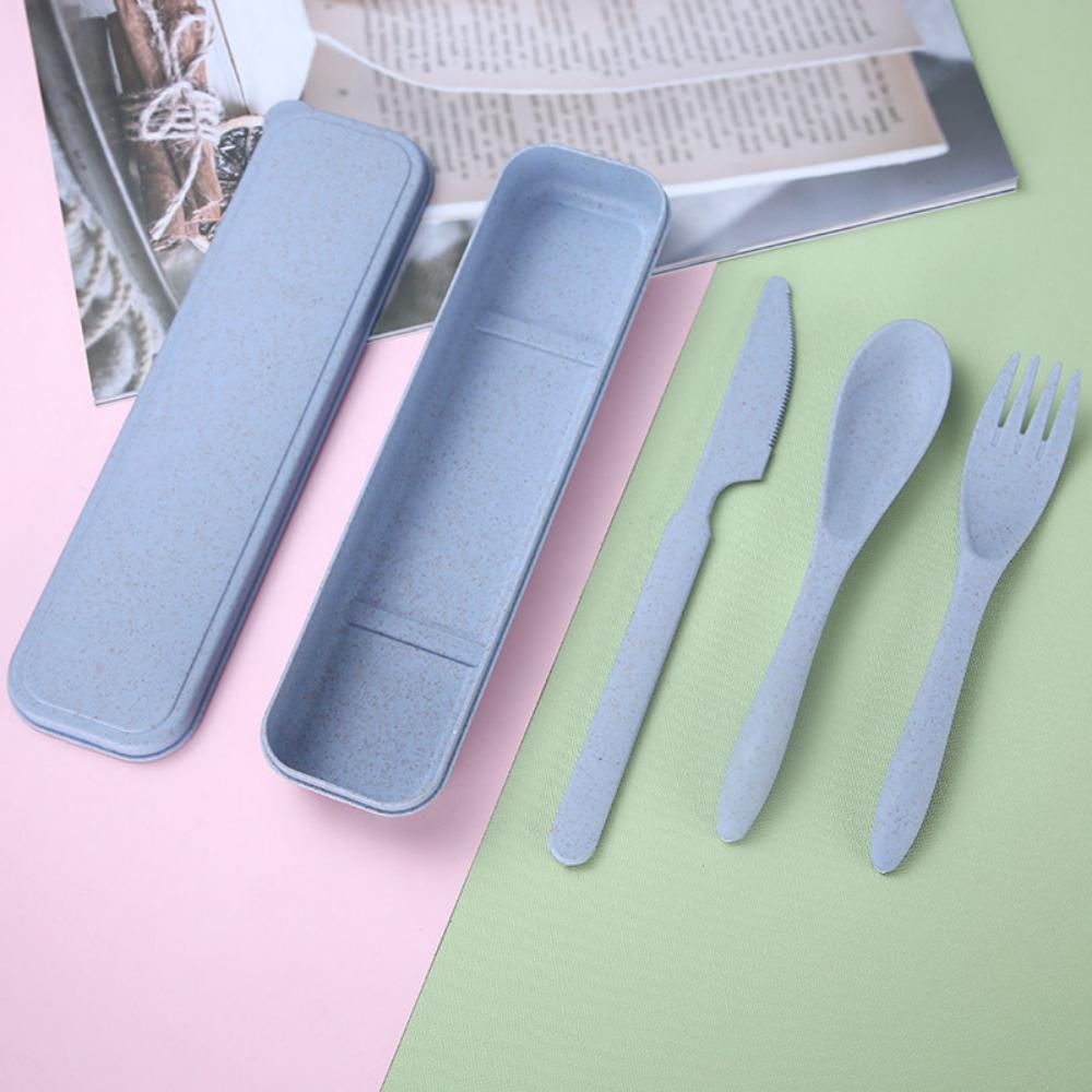 8PCS Wheat Straw Dinner Tableware Box Plastic Knife Fork Spoon Set Kids Accessories Wholesale