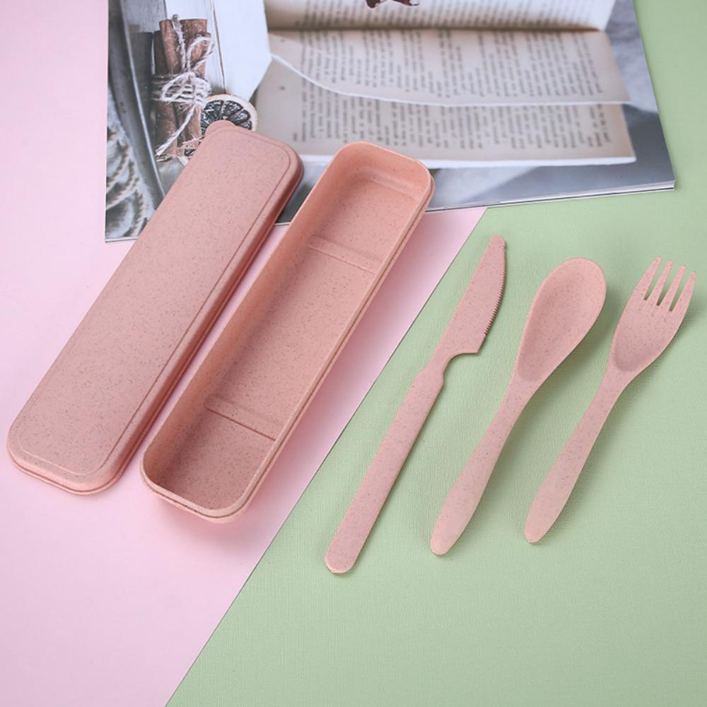 8PCS Wheat Straw Dinner Tableware Box Plastic Knife Fork Spoon Set Kids Accessories Wholesale