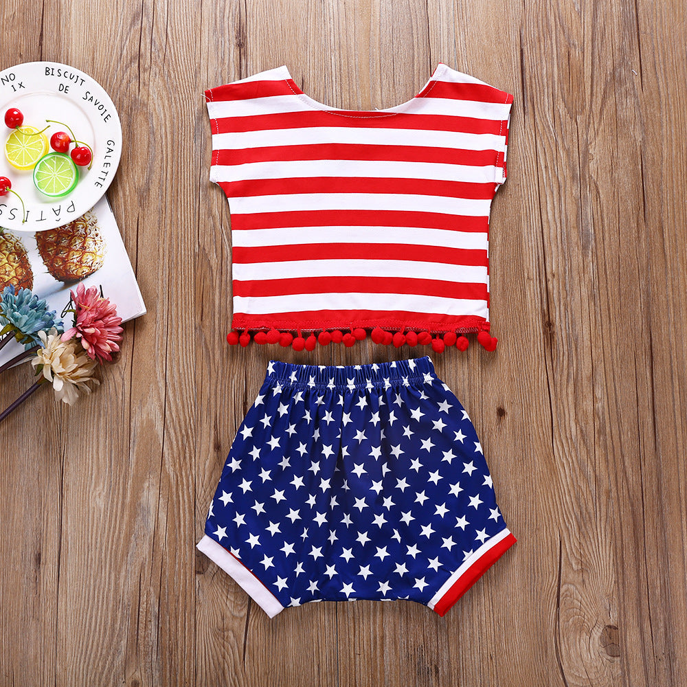 New Striped Top + Five-Pointed Star Shorts American Independence Day Flag Boy Suit Wholesale Kids Clothing