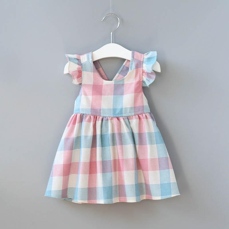 Fashionable Girls Strap Plaid Fly Sleeve Princess Dress