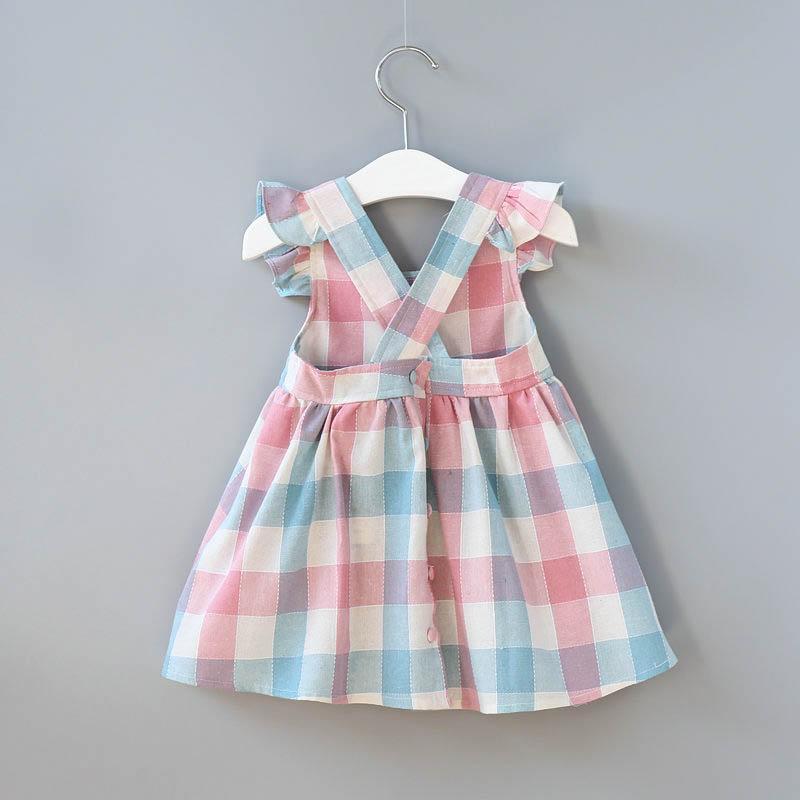 Fashionable Girls Strap Plaid Fly Sleeve Princess Dress