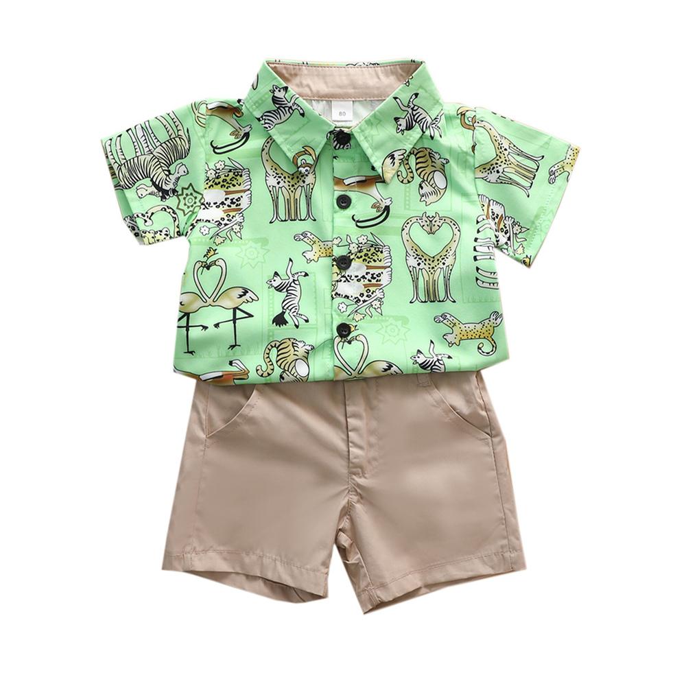 Boys Animal Printed Lapel Short Sleeve Top & Shorts Boy Summer Outfits