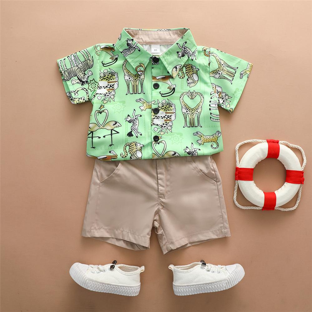 Boys Animal Printed Lapel Short Sleeve Top & Shorts Boy Summer Outfits