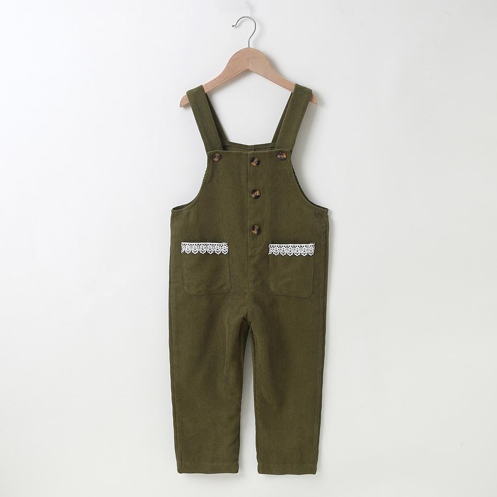 Autumn Girls' Jumpsuit Green Loose Suspenders Lace Pocket Jumpsuit Trousers Wholesale Girl Clothing