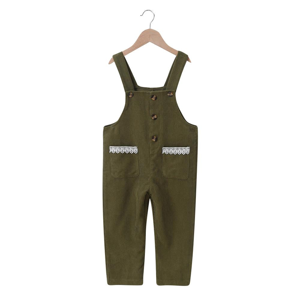 Autumn Girls' Jumpsuit Green Loose Suspenders Lace Pocket Jumpsuit Trousers Wholesale Girl Clothing