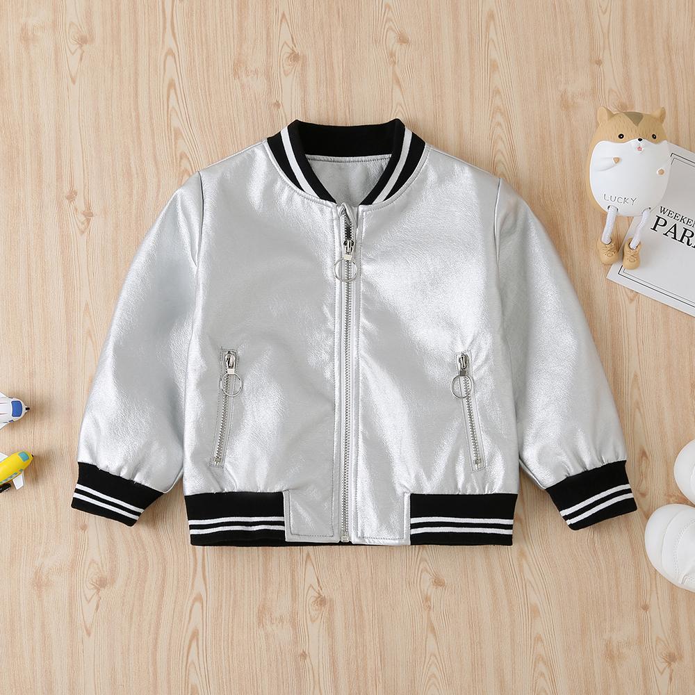 Autumn New Boys Fashion Silver-White Striped Collar Leather Long-Sleeved Warm Zipper Jacket With Pockets Baby Boys Clothing Wholesale