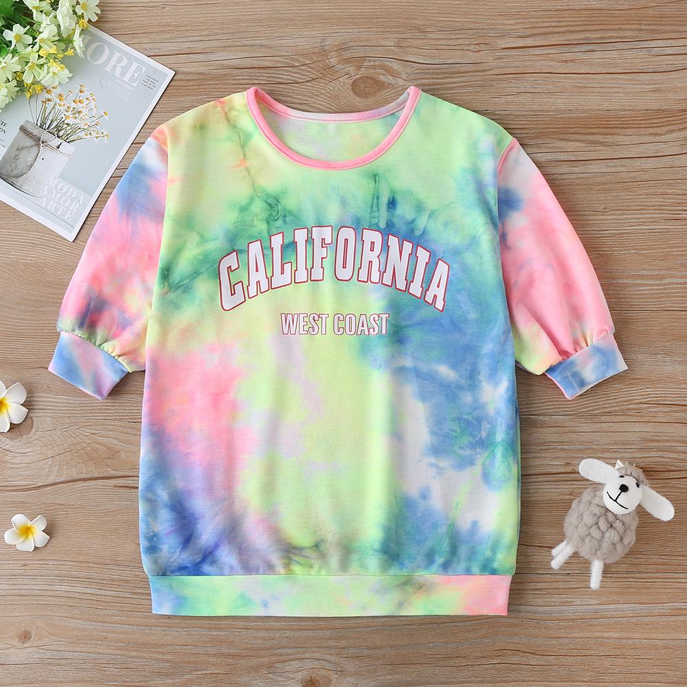 Autumn New Style Girls Middle-Sleeved Blouse For Kids Korean Tie-Dye Contrast Color Letter Printing Blouse Girl Boutique Clothing Wholesale