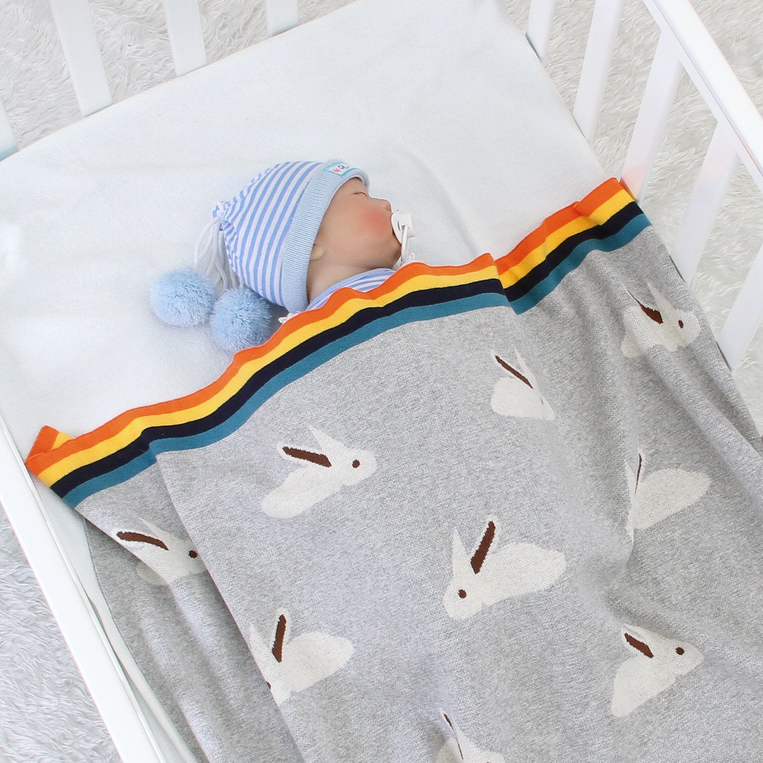 Baby Blanket Cute Rabbit Rainbow Edge Knitted Blanket Baby Wholesale Clothing