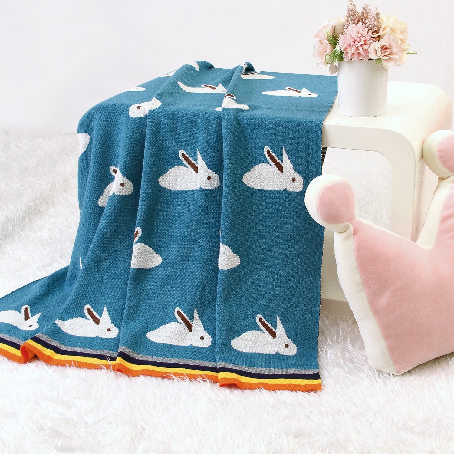 Baby Blanket Cute Rabbit Rainbow Edge Knitted Blanket Baby Wholesale Clothing