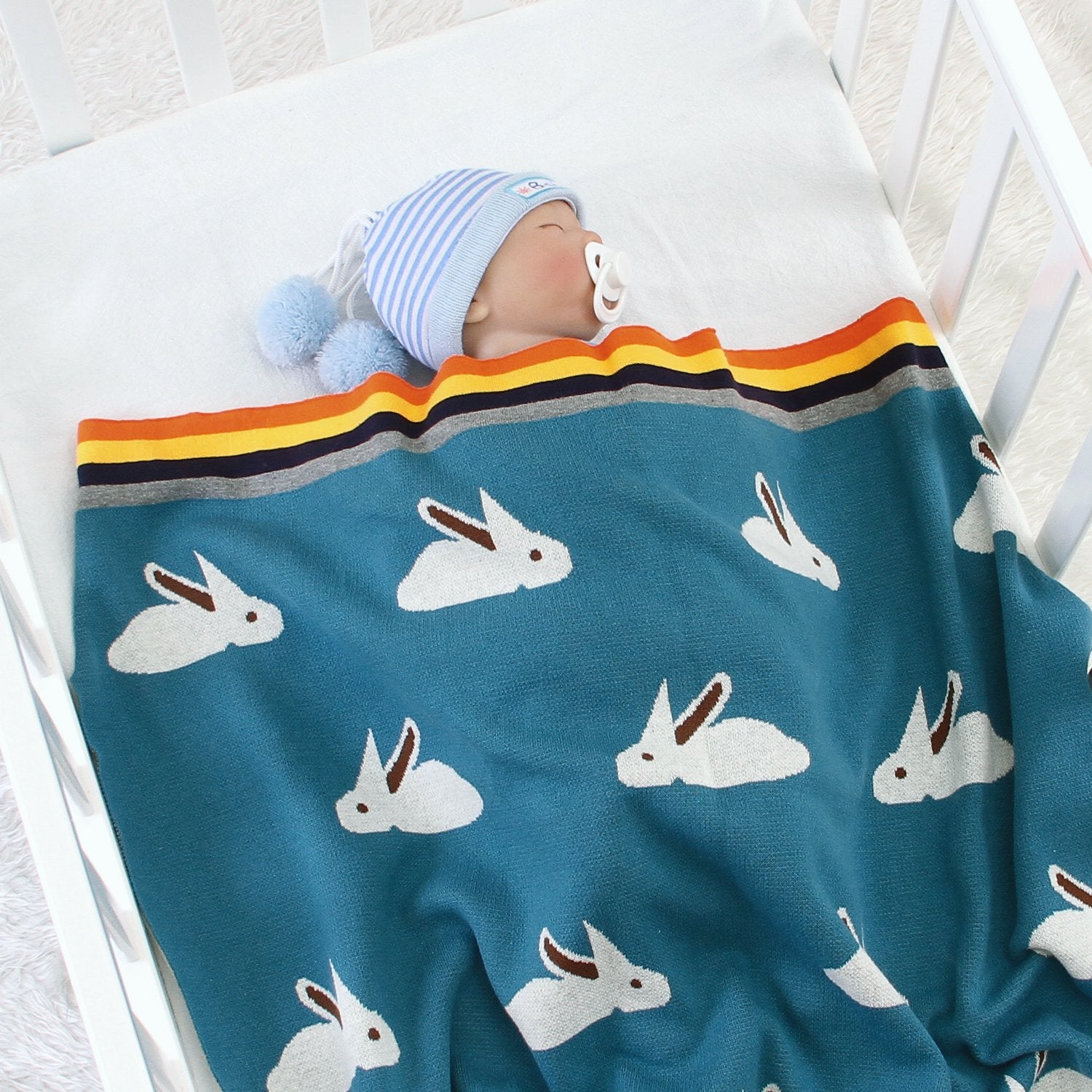 Baby Blanket Cute Rabbit Rainbow Edge Knitted Blanket Baby Wholesale Clothing