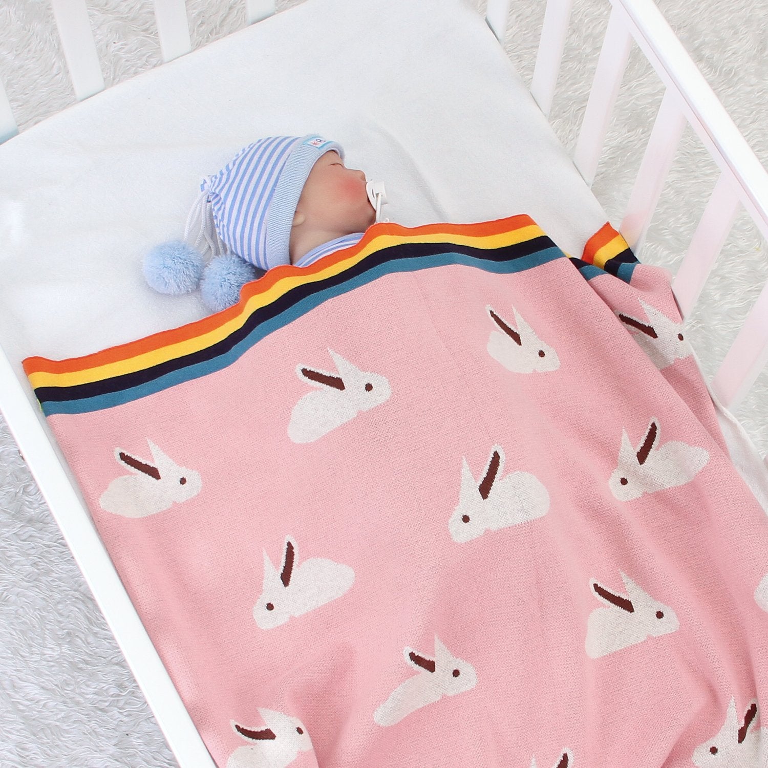 Baby Blanket Cute Rabbit Rainbow Edge Knitted Blanket Baby Wholesale Clothing