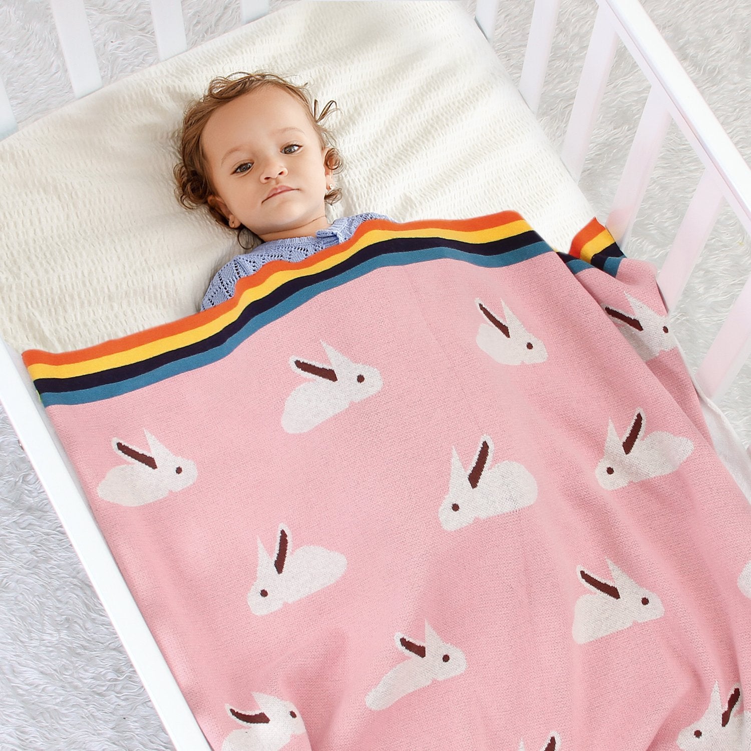 Baby Blanket Cute Rabbit Rainbow Edge Knitted Blanket Baby Wholesale Clothing