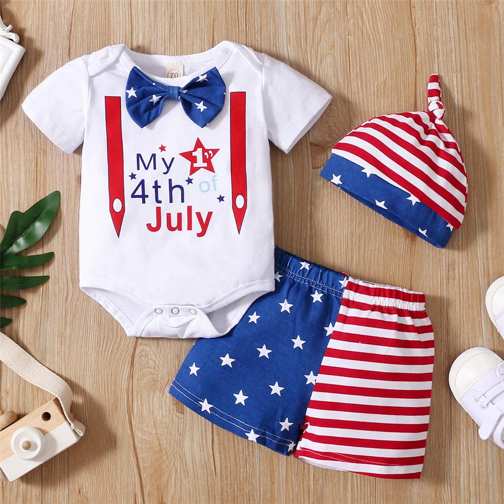 Baby Boys Striped Letter Star Printed Romper & Shorts & Hat Wholesale Baby Clothes