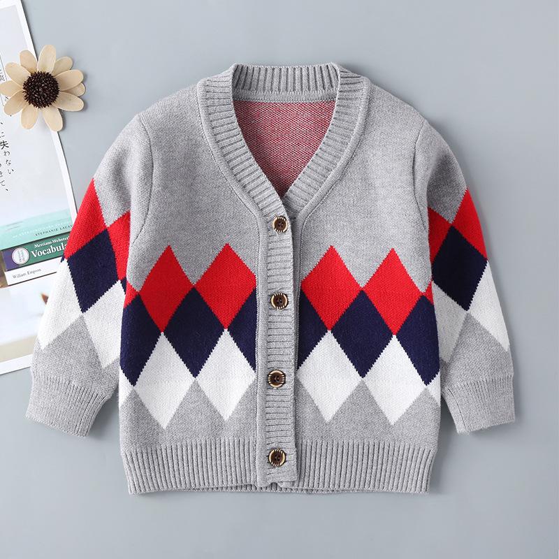 Baby Diamond Check Single-Breasted Cardigan Baby Sweater Coat Trendy Kids Wholesale Clothing