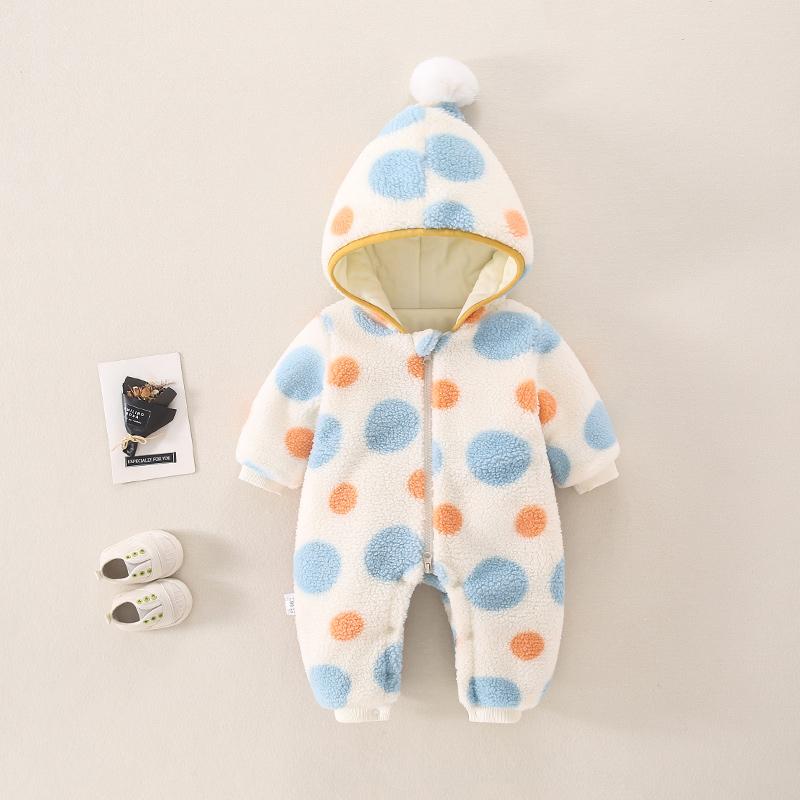 Baby Girls Autumn And Winter Polka Dot Printed Thickened Warm Jumpsuit Baby Clothing Cheap Wholesale