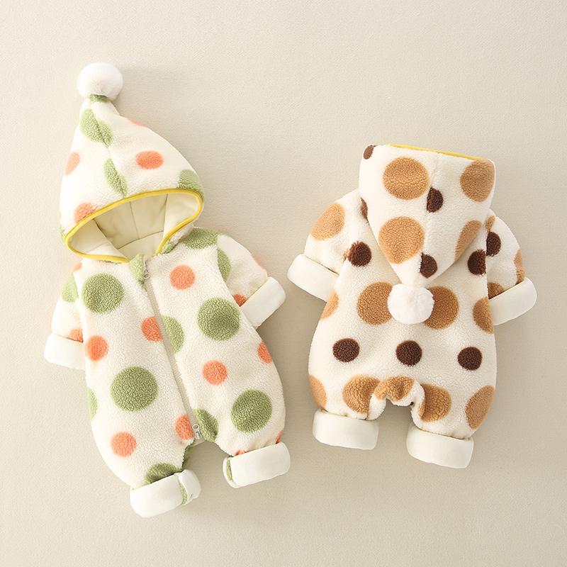 Baby Girls Autumn And Winter Polka Dot Printed Thickened Warm Jumpsuit Baby Clothing Cheap Wholesale