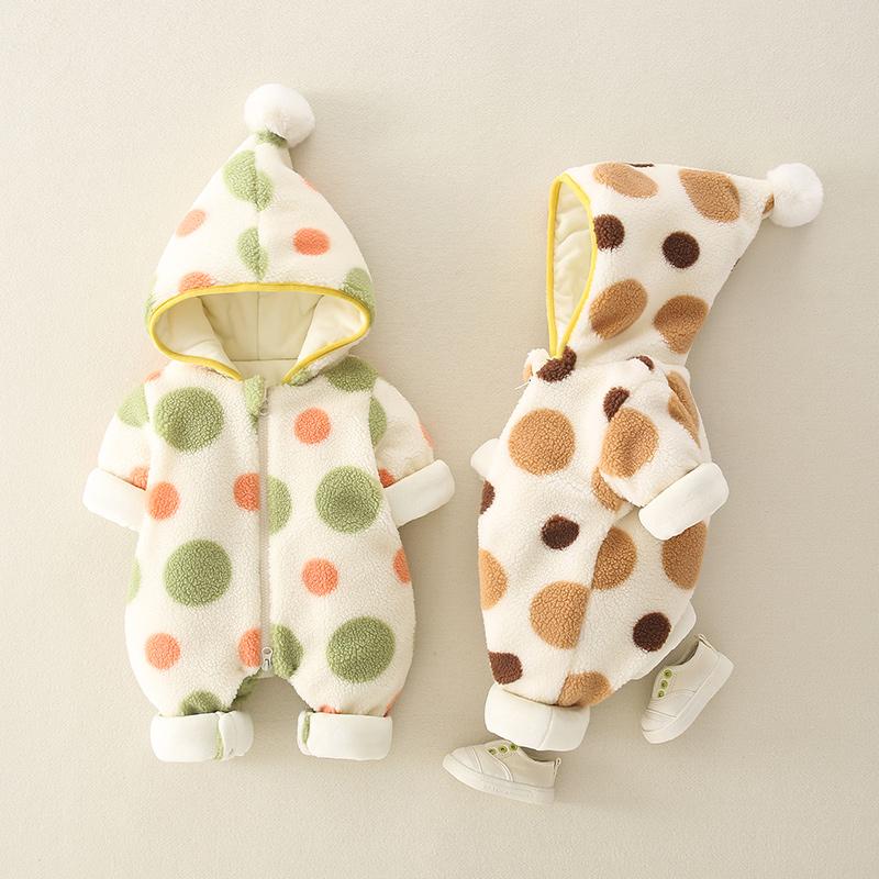 Baby Girls Autumn And Winter Polka Dot Printed Thickened Warm Jumpsuit Baby Clothing Cheap Wholesale