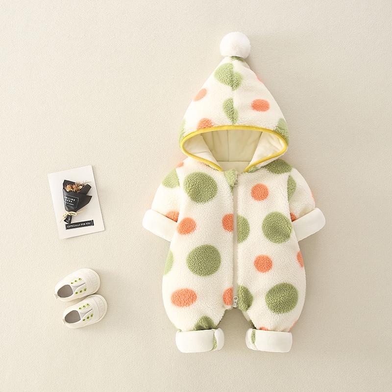 Baby Girls Autumn And Winter Polka Dot Printed Thickened Warm Jumpsuit Baby Clothing Cheap Wholesale