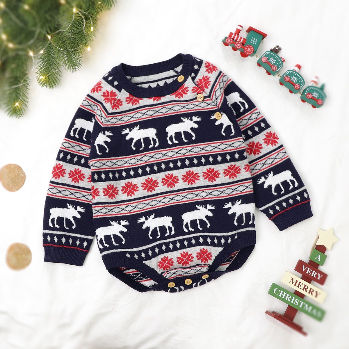 Baby Winter Long Sleeve Christmas Fawn One-Piece Triangle Romper Baby Clothes Wholesale