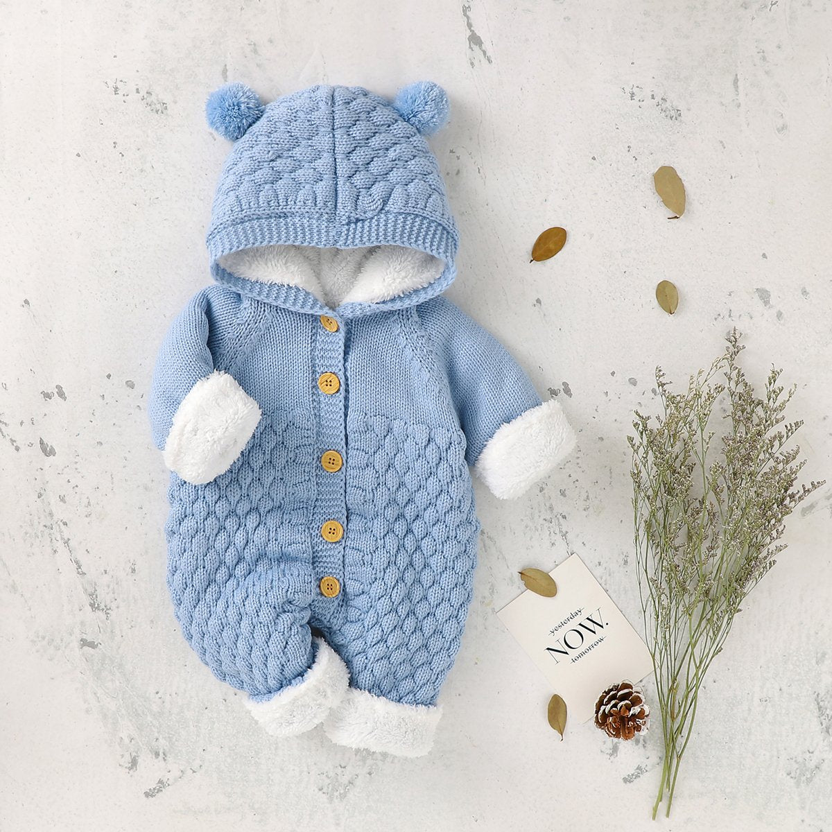Baby Plus Velvet Thick Three-Dimensional Fur Ball Hooded Knitted Jumpsuit Baby Clothes Wholesale Distributors