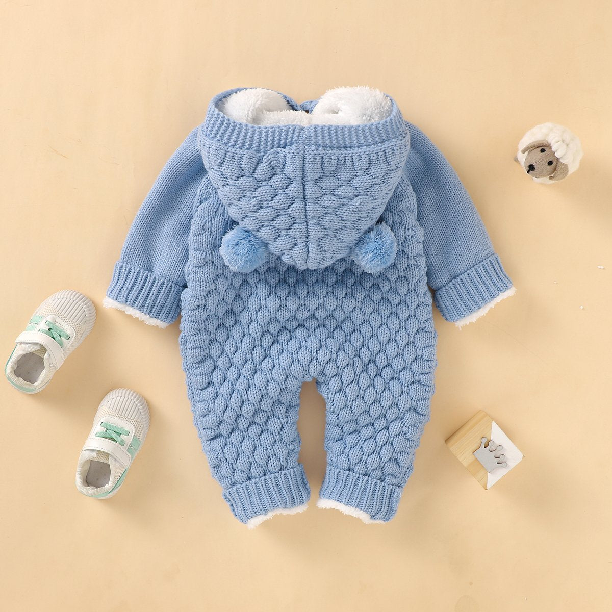 Baby Plus Velvet Thick Three-Dimensional Fur Ball Hooded Knitted Jumpsuit Baby Clothes Wholesale Distributors