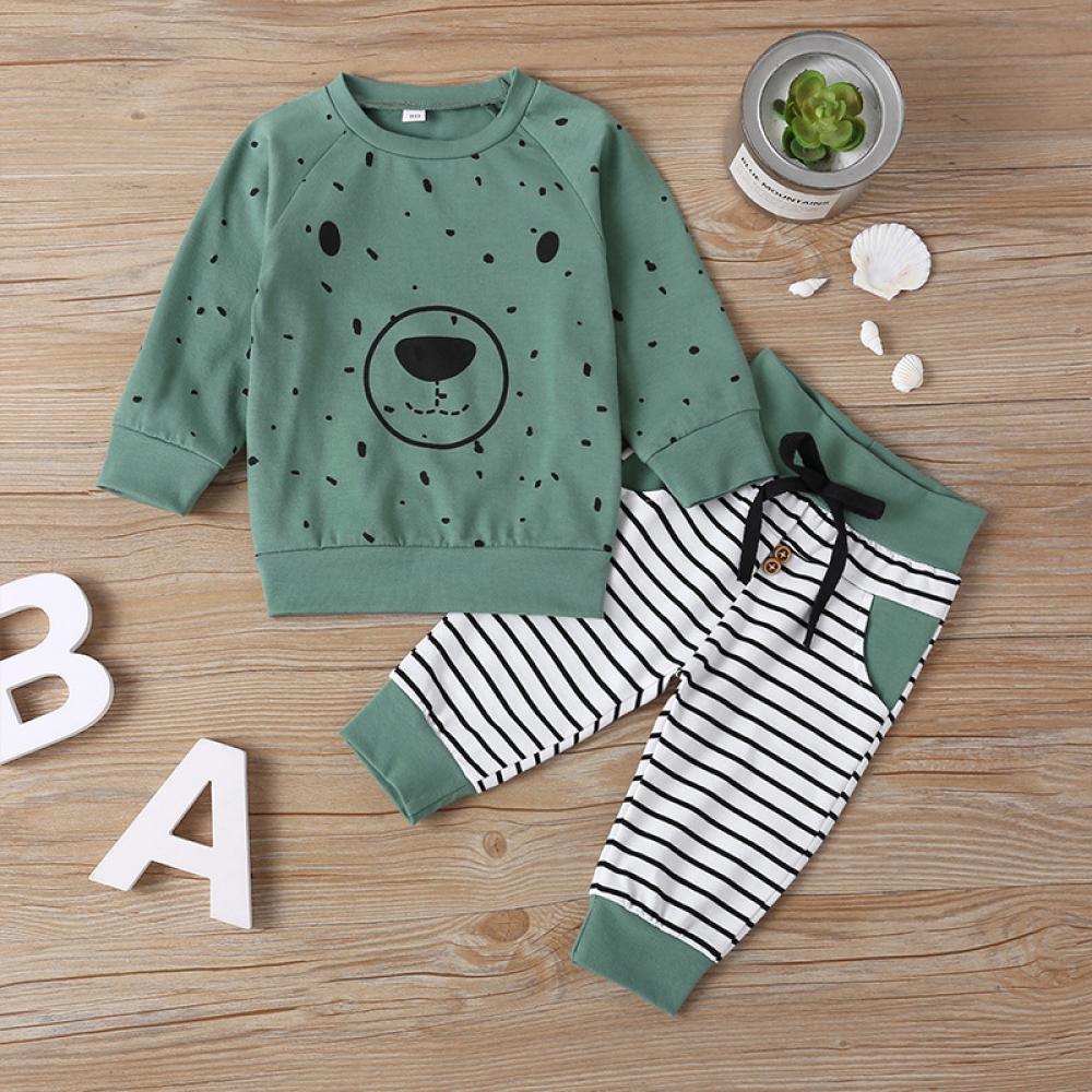 Baby Bear Printed Cute Long Sleeve Top & Striped Pants baby clothes wholesale distributors