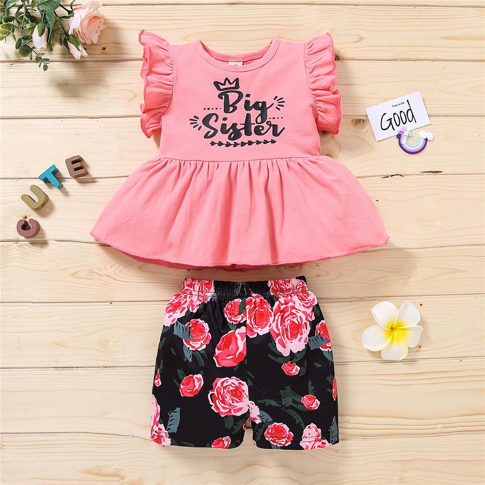 Girls Big Sister Letter Printed Flying Sleeve Top & Floral Shorts wholesale toddler clothing
