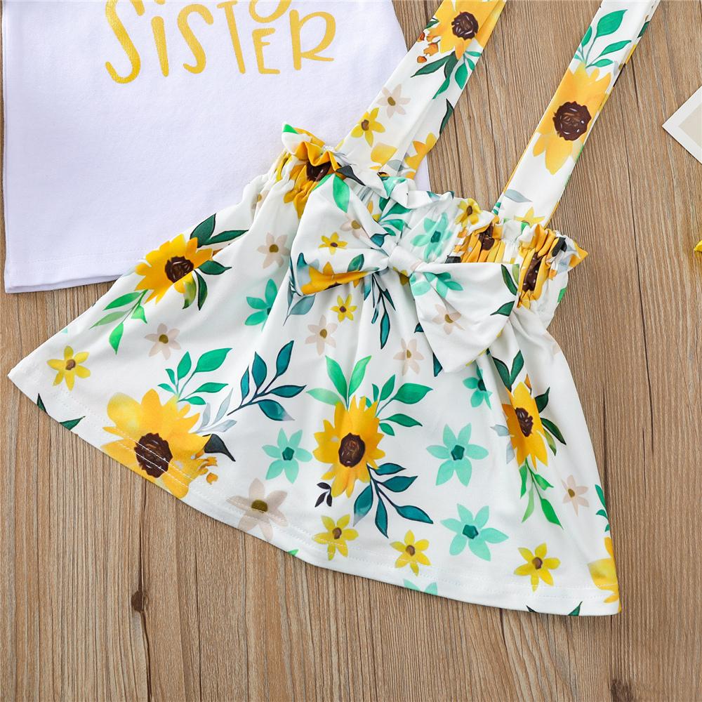 Girls Big Sister Letter Printed Short Sleeve Top & Floral Suspender Skirt & Headband Girls Wholesale Clothes