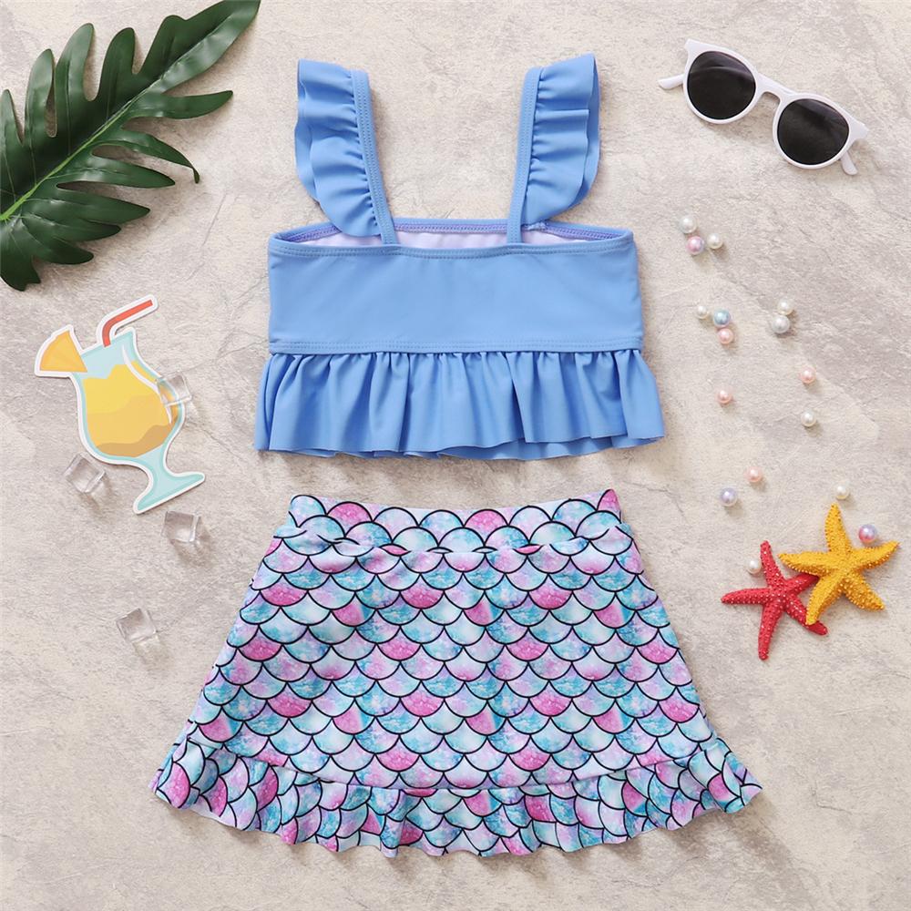 Girls Blue Flying Sleeve Top & Fish Scale Shorts Toddler 2 Piece Swimsuit