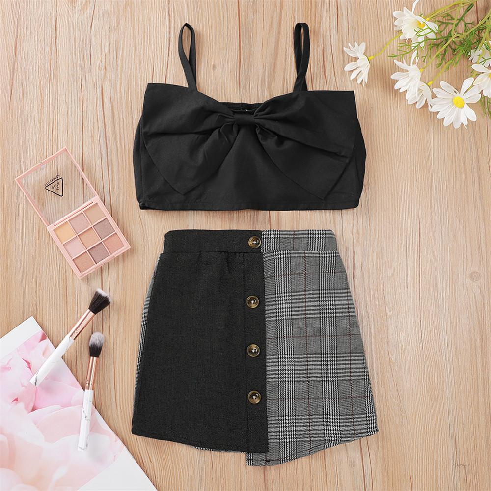 Girls Bow Black Sling Top & Plaid Splicing Skirt wholesale kids boutique clothing