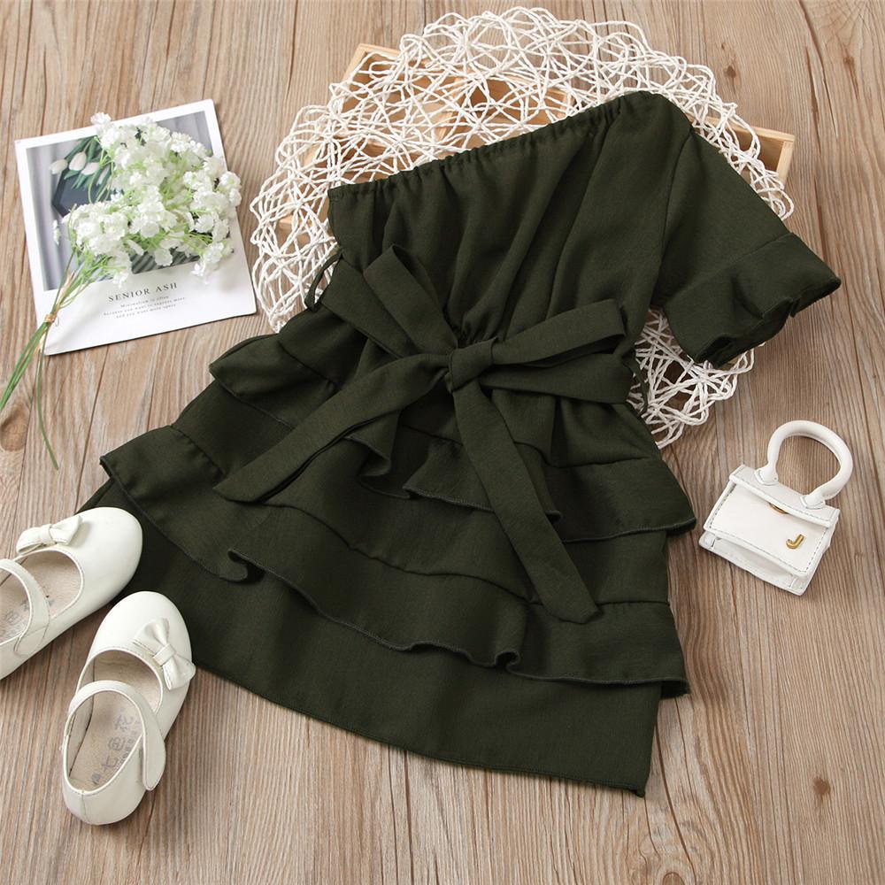 Girls Bow Decor Solid Oblique Shoulder Layered Dress Wholesale Girl Clothing
