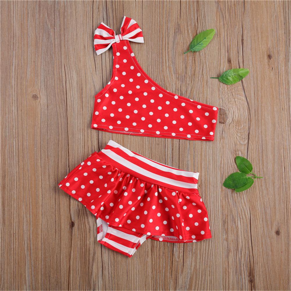 Girls Bow Decor Oblique Shoulder Polka Dot Top & Shorts Swimming Suit Toddler 2 Piece Swimsuit