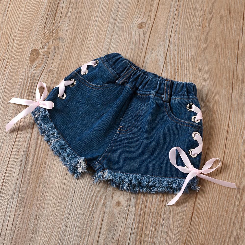 Girls Bow Decor Pink Tube Top & Denim Shorts Wholesale Baby Clothes