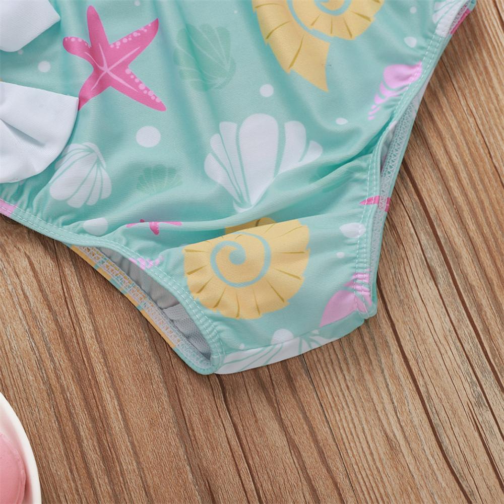 Girls Bow Decor Shell Printed Swimming Suit 2 Piece Swimsuit With Shorts
