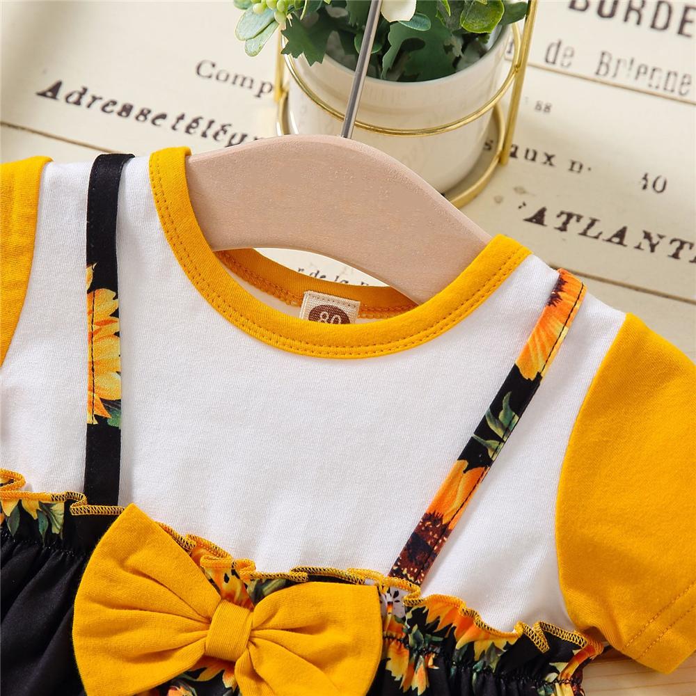 Girls Bow Decor Short Sleeve Sunflower Printed Dresses wholesale childrens clothing online