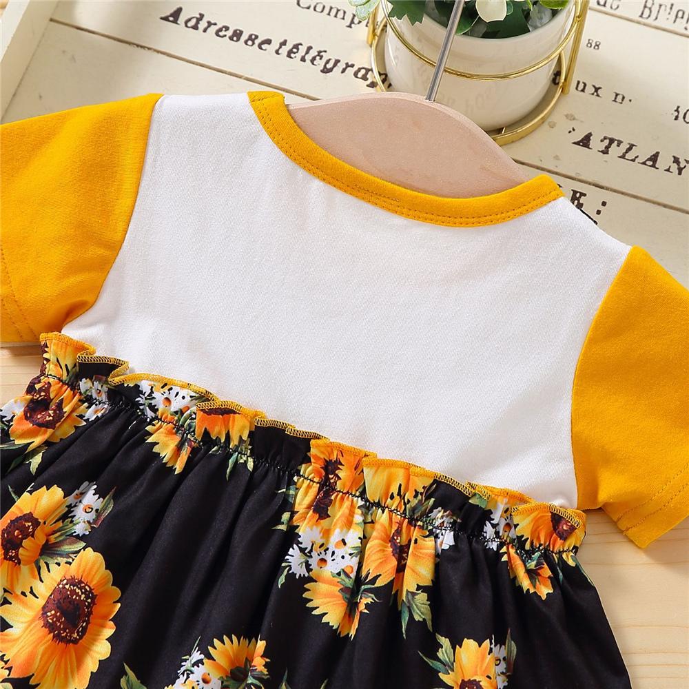 Girls Bow Decor Short Sleeve Sunflower Printed Dresses wholesale childrens clothing online