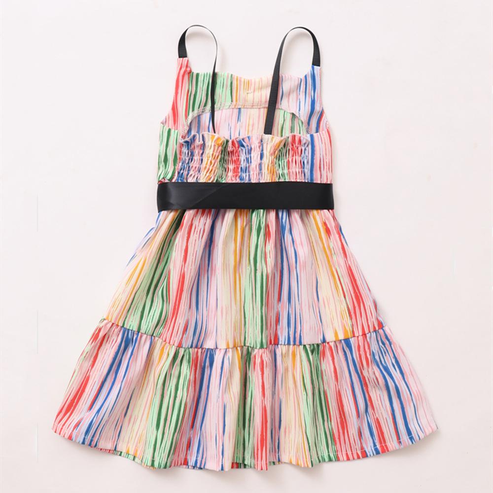 Girls Bow Decor Striped Rainbow Sling Dresses wholesale kids boutique clothing