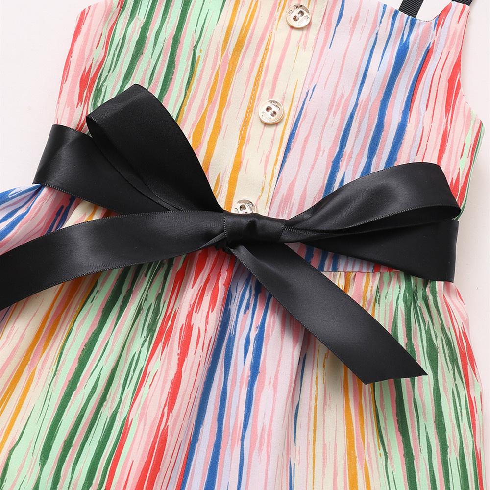 Girls Bow Decor Striped Rainbow Sling Dresses wholesale kids boutique clothing