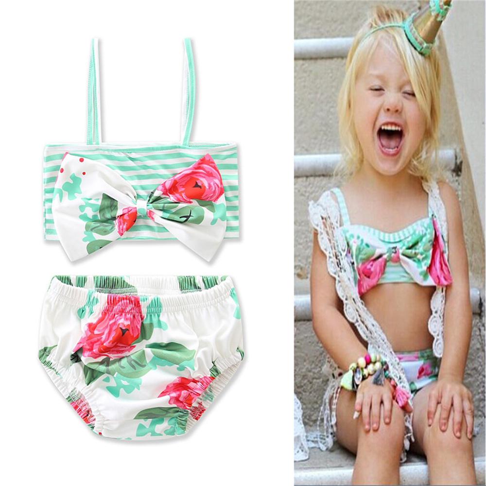 Girls Bow Floral Striped Top & Shorts 2 Piece Swimsuit With Shorts