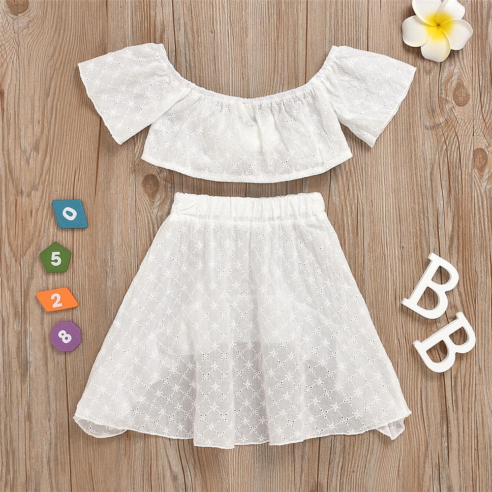 Girls Bow Hollow Out Solid Color Short Sleeve Top & Skirt wholesale kids boutique clothing
