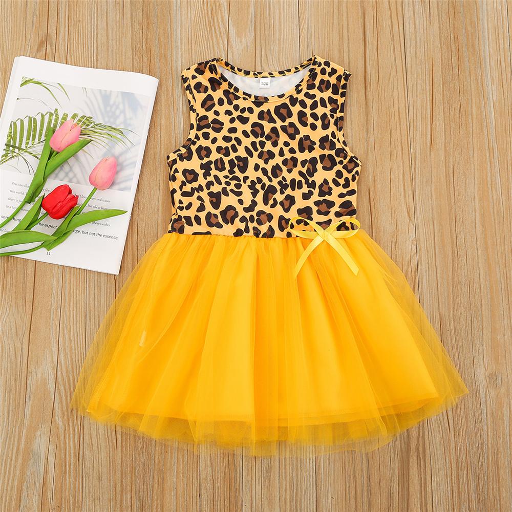 Girls Bow Sleeveless Leopard Printed Mesh Dresses trendy kids wholesale clothing