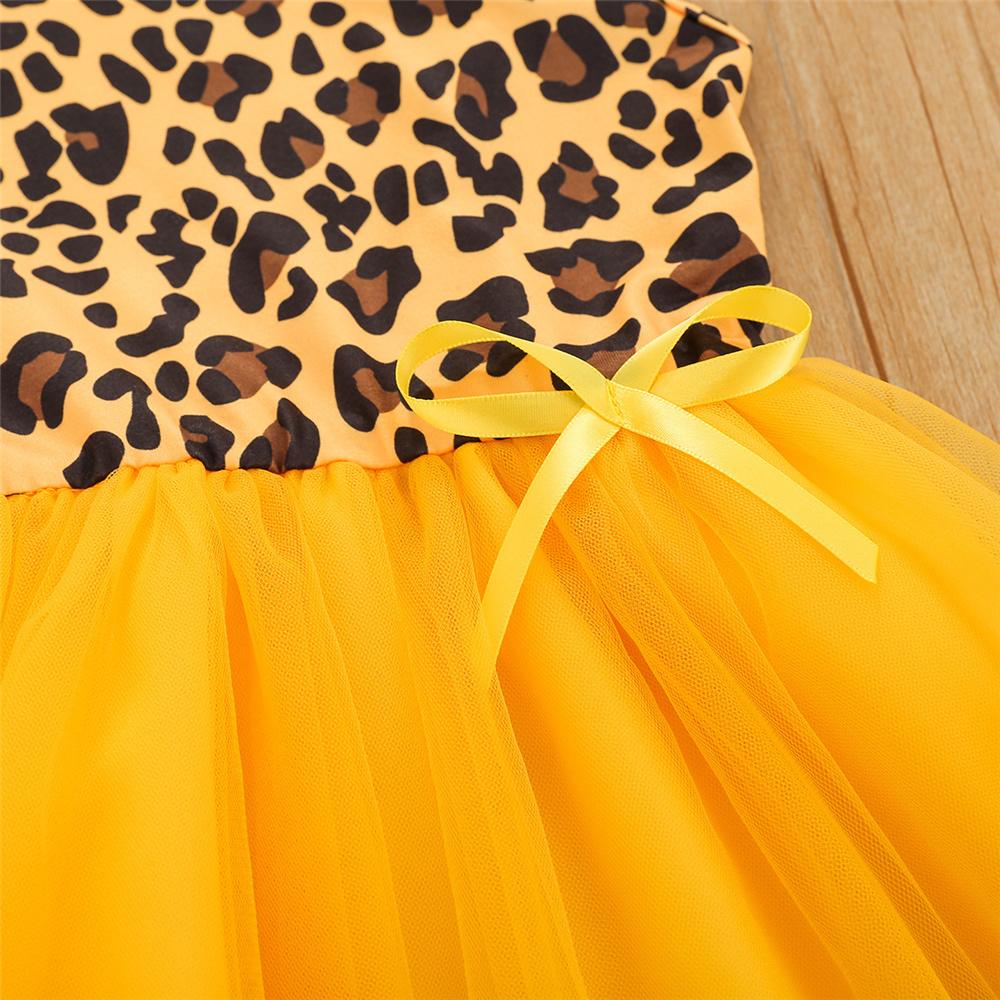 Girls Bow Sleeveless Leopard Printed Mesh Dresses trendy kids wholesale clothing
