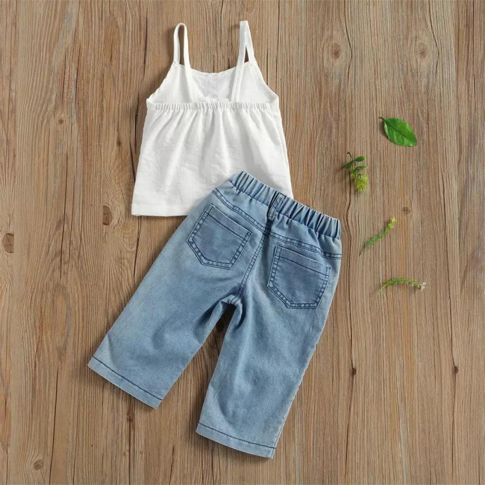 Girls Bow Solid Sling Top & Beading Jeans Kids Clothing Vendors