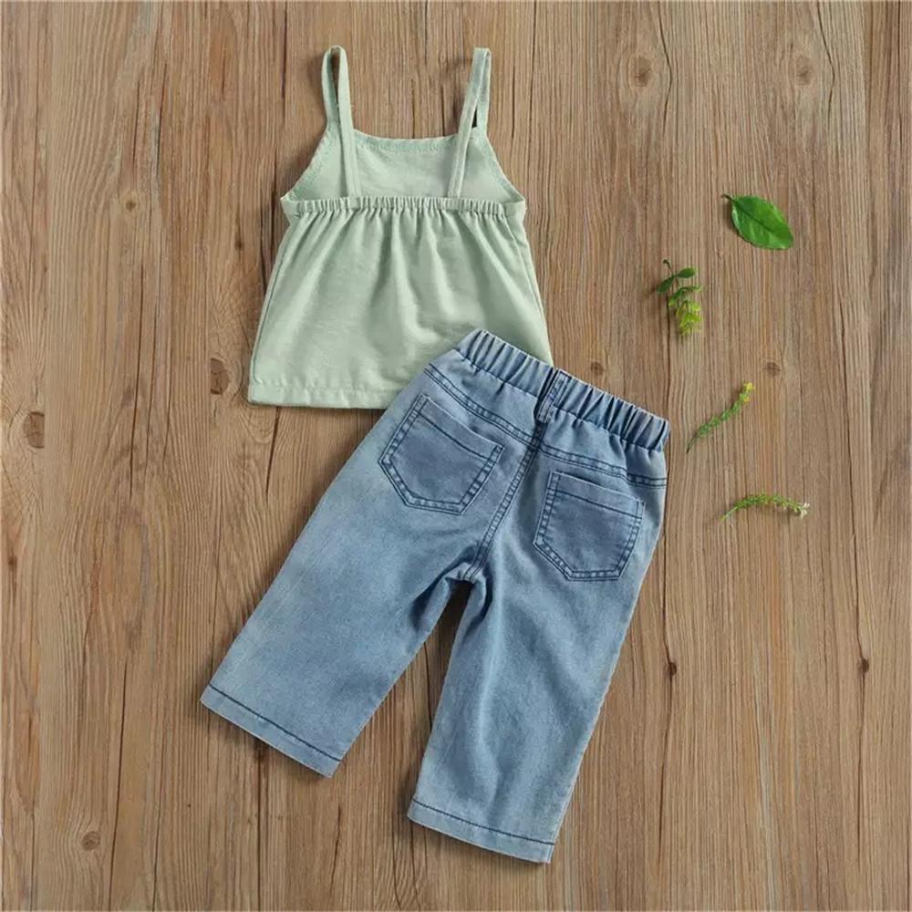 Girls Bow Solid Sling Top & Beading Jeans Kids Clothing Vendors