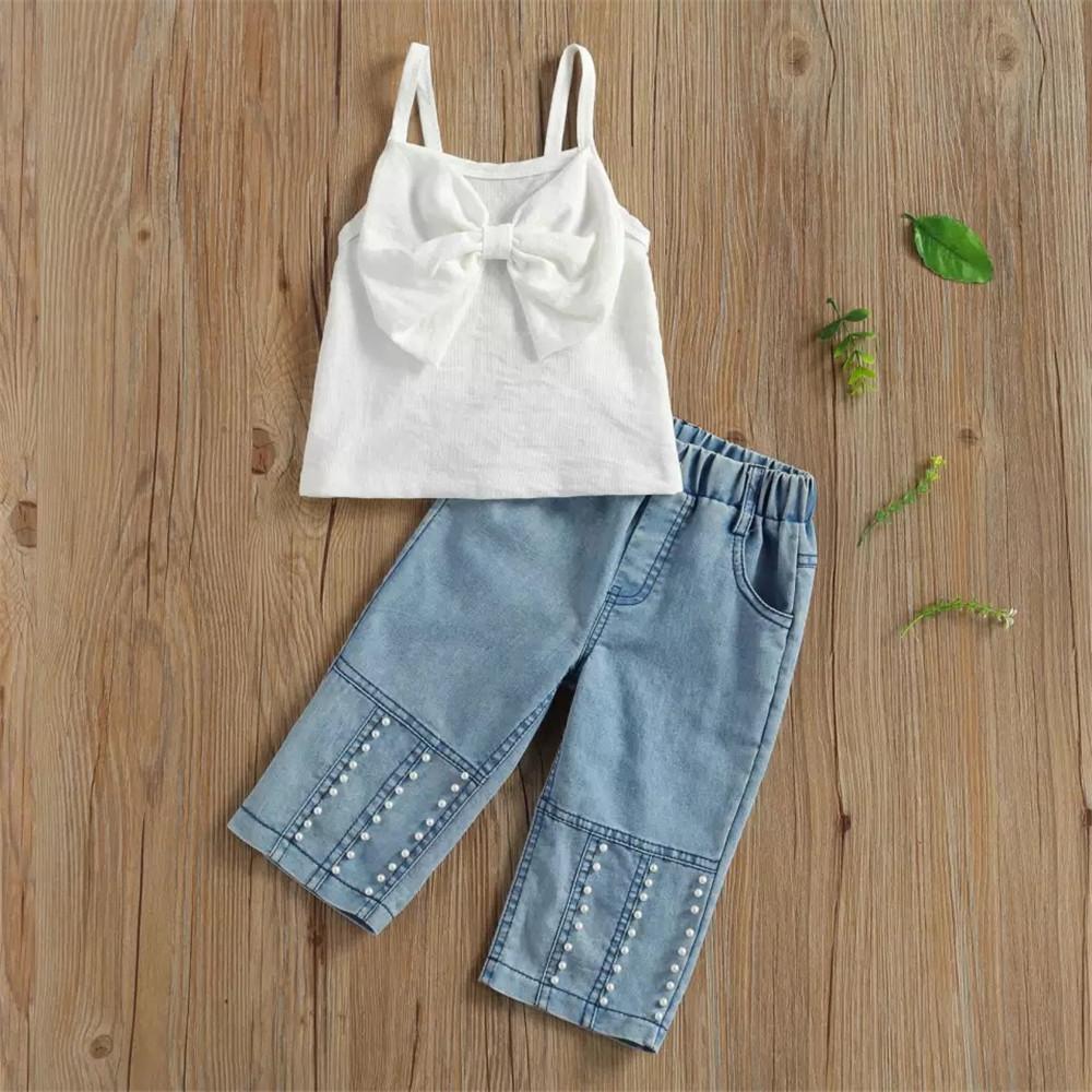 Girls Bow Solid Sling Top & Beading Jeans Kids Clothing Vendors