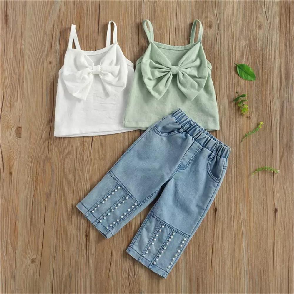 Girls Bow Solid Sling Top & Beading Jeans Kids Clothing Vendors